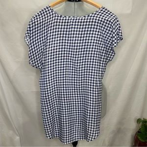 C brand, lightweight, short sleeve, blue and white checked, pullover blouse.